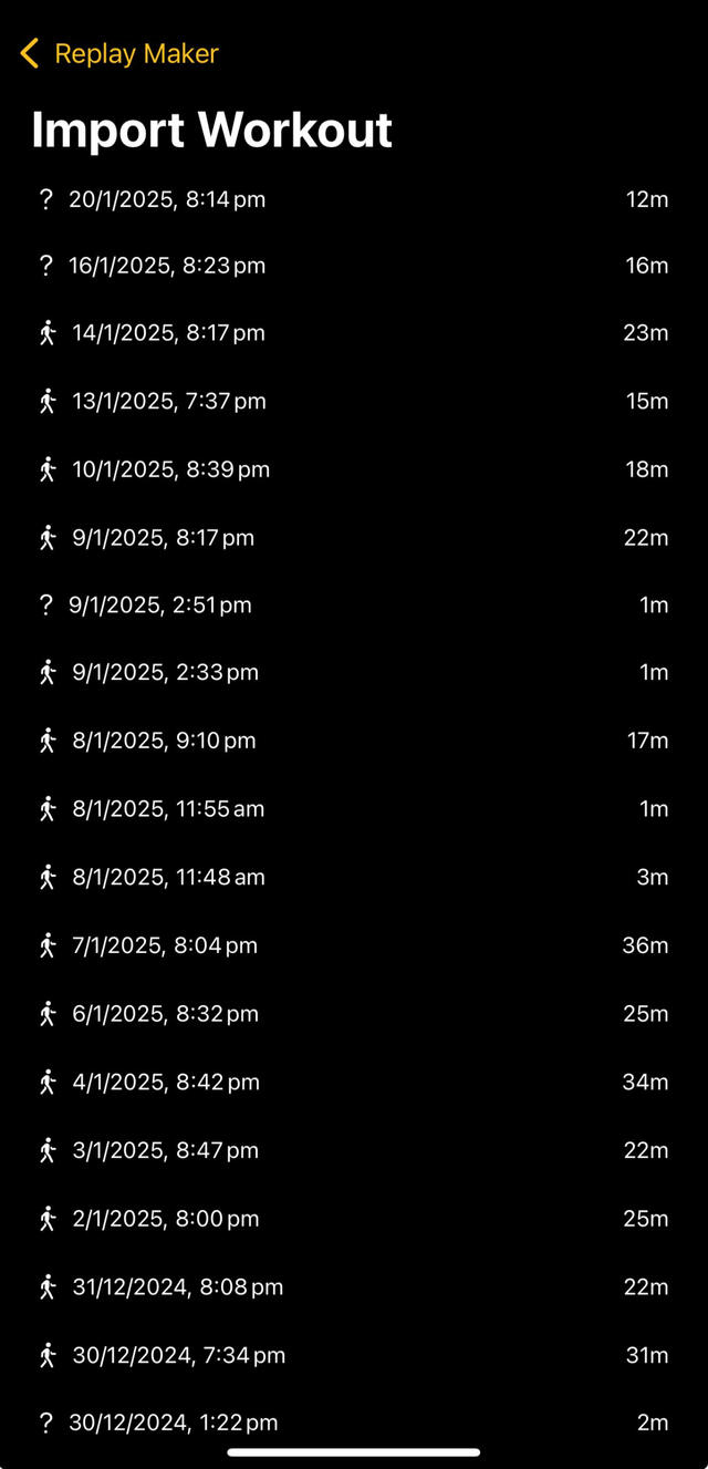 List of available workouts to import.
